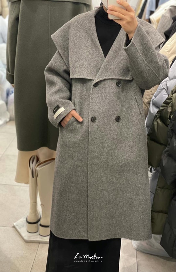 大翻領手工羊絨雙排扣長版大衣